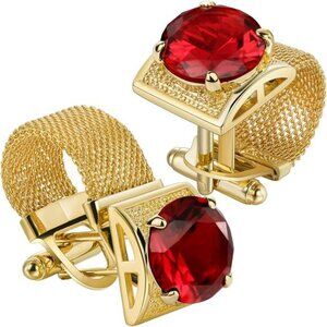 Mens Cufflinks with Chain -Stone & Shiny Gold Tone Shirt Accessories-Party Gifts